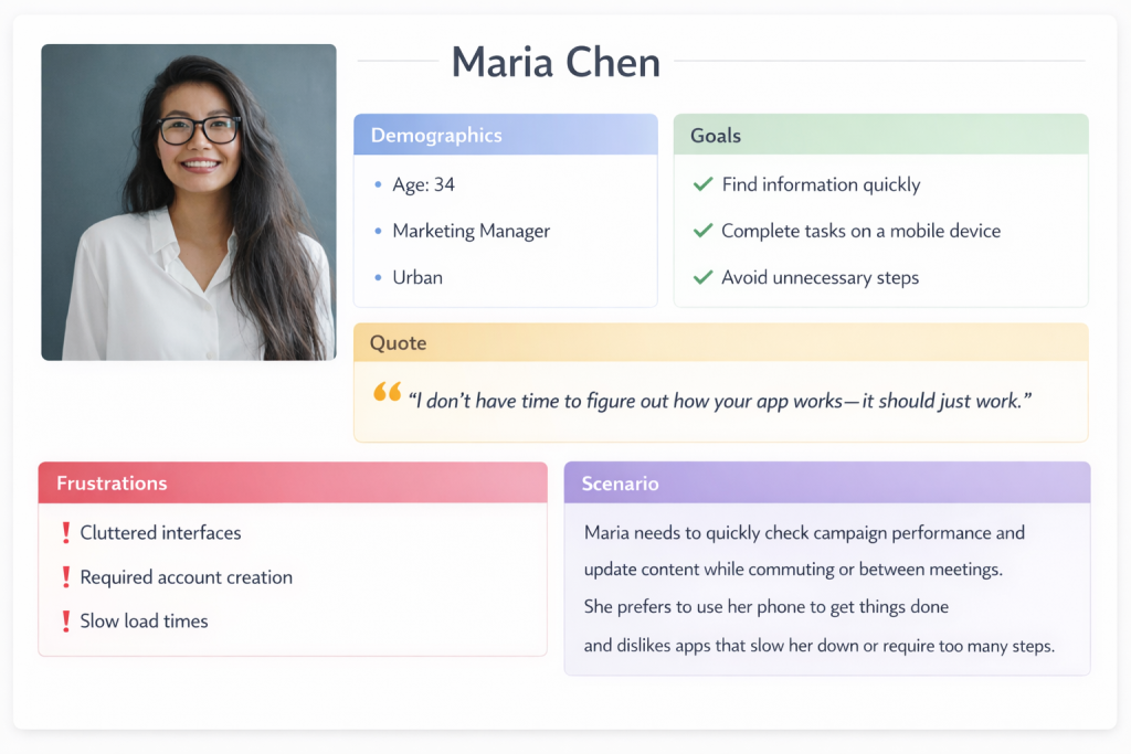 A persona template showing: photo placeholder, name (e.g., 'Maria Chen'), and key details organized in sections. Includes: Demographics (age 34, marketing manager, urban), Goals (find information quickly, complete tasks on mobile, avoid unnecessary steps), Frustrations (cluttered interfaces, required account creation, slow load times), Quote ('I don't have time to figure out how your app works—it should just work.'), and a brief scenario of typical use.