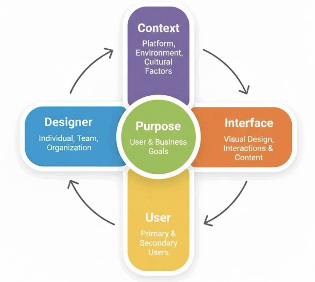 A diagram showing the five components of the rhetorical situation with UX-specific labels: Purpose (user and business goals), Designer (individual, team, organization), User (primary and secondary users), Interface (visual design, interactions, content), and Context (platform, environment, cultural factors). Arrows indicate the interconnected relationships between all components.