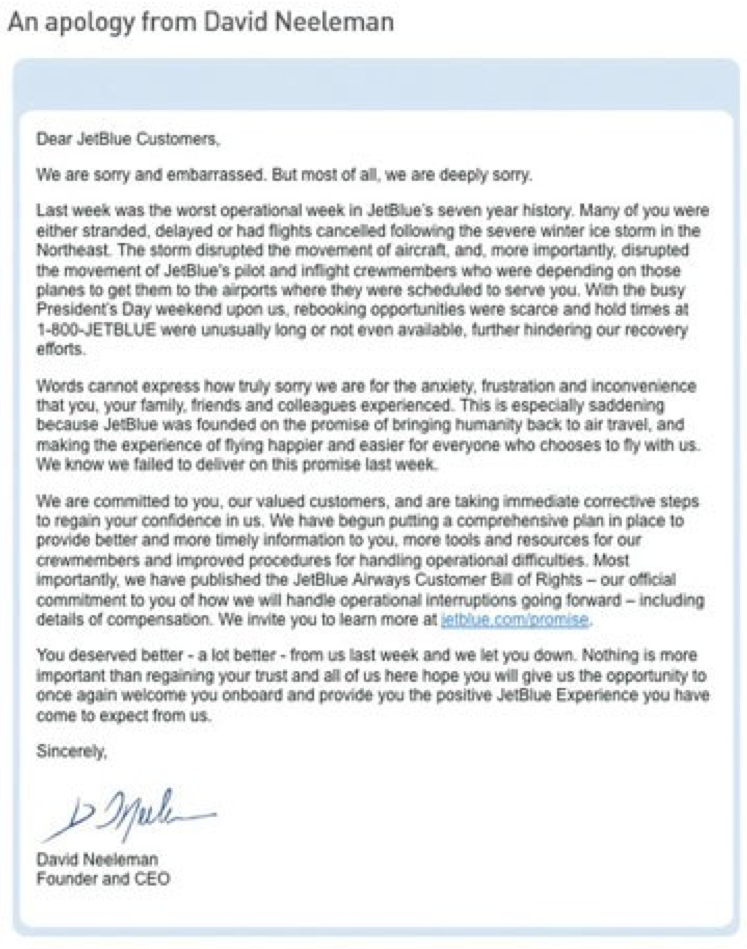 Letter of Apology from JetBlue