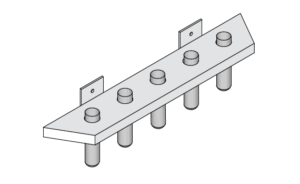 A diagram of a small shelf mounted on a wall. The shelf has 5 holes in it with a tube placed in each hole.