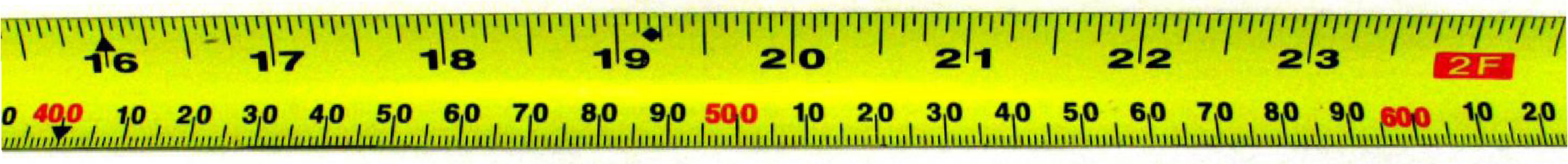 A section of a measuring tape showing 16 inches to 24 inches (which is labelled 2F). There is an arrow at 16 inches and a diamond at 19.2 inches.