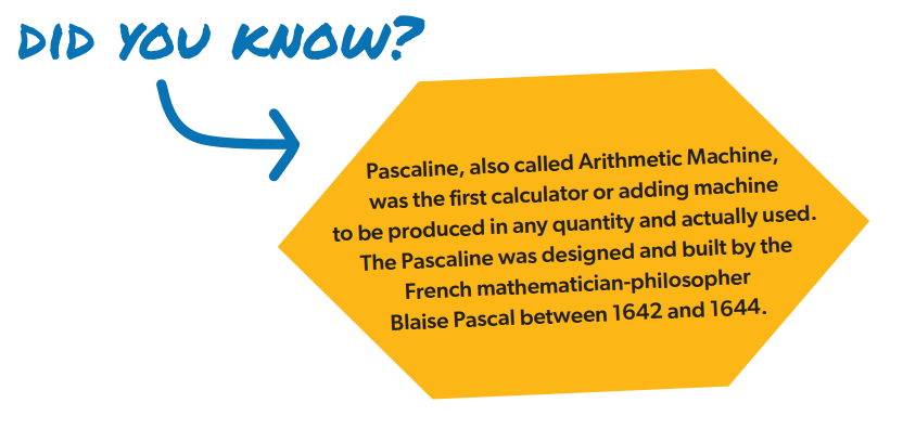 Did you know? Pascaline, also called Arithmetic Machine, was the first calculator or adding machine  to be produced in any quantity and actually used. The Pascaline was designed and built by the French mathematician-philosopher Blaise Pascal between 1642 and 1644.