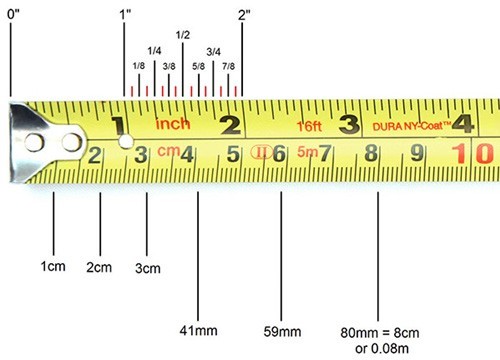 A measuring tape. One side of the of the tape has inches labelled and lines in between representing parts of an inch. The other side has centimetres labelled with lines in between representing millimetres.