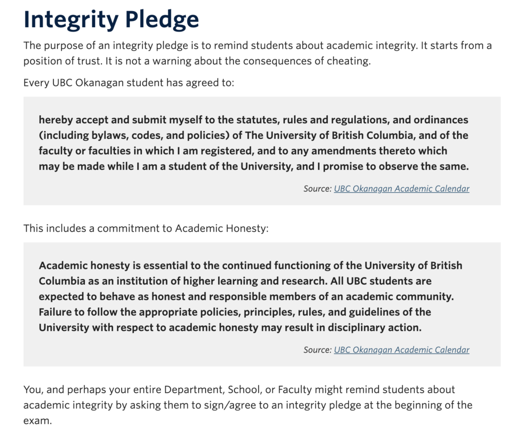 UBC Oakanagan Academic Integrity Pledge