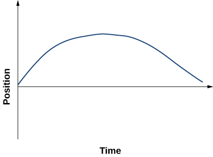 Graph shows position plotted versus time. It starts at the origin, increases reaching maximum, and then decreases close to zero.