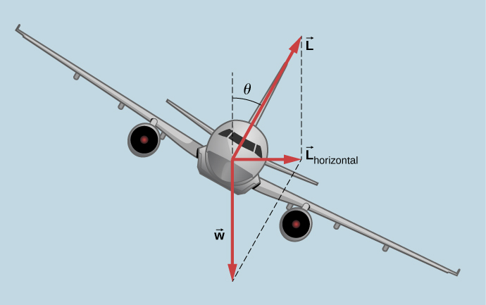 An illustration of an airplane coming toward us and banked (that is, tilted) by an angle theta in the clockwise direction, again as viewed by us. The weight w is shown as an arrow pointing straight down. A force L is shown pointing perpendicular to the wings, at an angle theta to the right of vertically up. The horizontal component of the force L is shown pointing to the right and is labeled as vector L sub horizontal. Dashed lines complete the parallelogram defined by vectors L and w, and show that the vertical component of L is the same size as w.