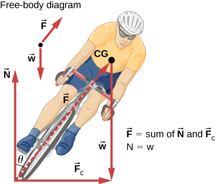 The figure is an illustration of a man riding a bicycle, viewed from the front. The rider and bike are tilted to the right at an angle theta to the vertical. Three force vectors are shown as solid line arrows. One is from the bottom of the front wheel to the right showing the centripetal force F sub c. A second is from the same point vertically upward showing the force N. The third is from the chest of the rider vertically downward showing his weight, w. An additional broken line arrow from the bottom of the wheel to the chest point, at an angle theta to the right of vertical, is also shown and labeled with force F exerting on it.  The vectors F sub c, w and F form a right triangle whose hypotenuse is F. A free-body diagram is also given above the figure showing vectors w and F. The vector relations F equals the sum of N and F sub c, and N equals w are also given alongside the figure.
