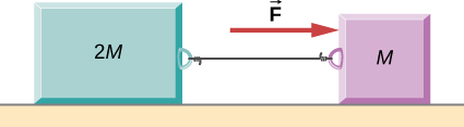 Two blocks, 2 M on the left and M on the right, are connected by a string and are on a horizontal surface. Force F acts on M and points to the right.