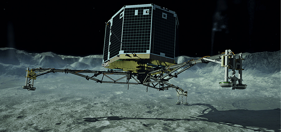 An artist’s rendering of Philae landing on a comet.