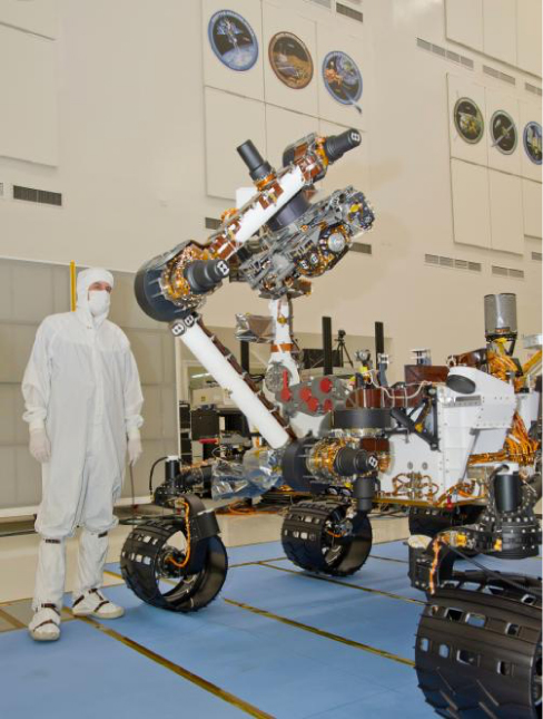 A photograph of the NASA rover Curiosity during testing at the Jet Propulsion Laboratory.