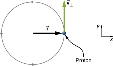 A proton moves in a counterclockwise circle. The circle has radius r. The proton is shown when it is to the right of the center of the circle, and its velocity is v sub perpendicular in the upward, positive y, direction.