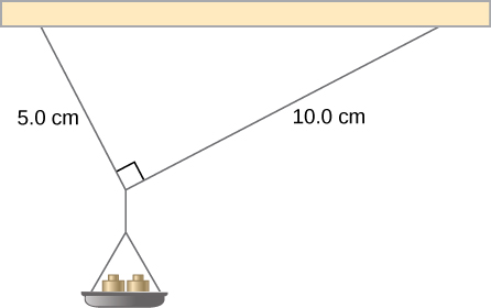 Figure shows small pan of mass supported by two strings intersecting at a 90 degree angle. The length of one string is 5 centimeters, the length of another string is 10 centimeters.