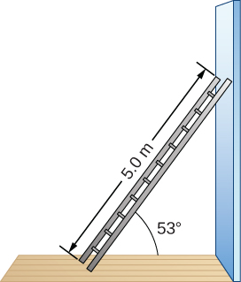 Figure is a schematic drawing of a 5.0-m-long ladder resting against a wall. Ladder forms a 53 degree angle with the floor.