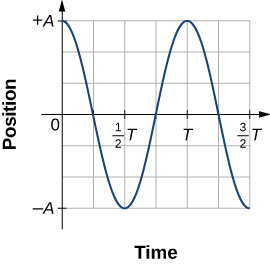 A graph of the position on the vertical axis as a function of time on the horizontal axis. The vertical scale is from – A to +A and the horizontal scale is from 0 to 3/2 T. The curve is a cosine function, with a value of +A at time zero and again at time T.
