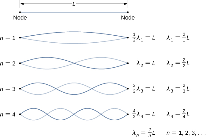 Four figures of a string of length L are shown. Each has two waves. The first one has 1 node. It is labeled half lambda 1 = L, lambda 1 = 2 by 1 times L. The second figure has 2 nodes. It is labeled lambda 2 = L, lambda 2 = 2 by 2 times L. The third figure has three nodes. It is labeled 3 by 2 times lambda 3 = L, lambda 3 = 2 by 3 times L. The fourth figure has 4 nodes. It is labeled 4 by 2 times lambda 4 = L, lambda 4 = 2 by 4 times L. There is a derived formula at the bottom, lambda n equal to 2 by n times L for n = 1, 2, 3 and so on.