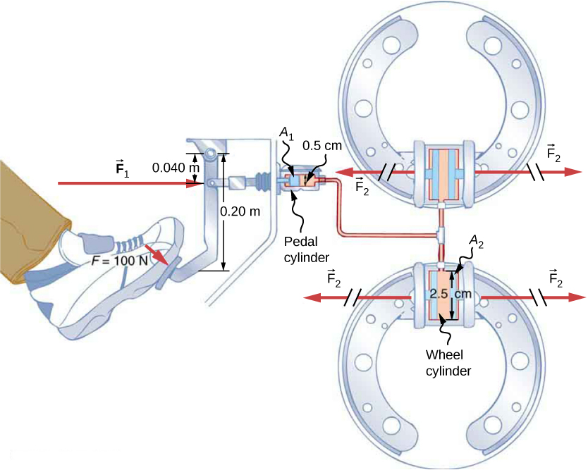 Figure is a schematic drawing of a hydraulic brake system. A foot is applied to the brake pedal with the force F1. It is transmitted to the pedal cylinder with the area A1 of 0.5 cm. The Pedal cylinder is connected to the hydraulic system with two wheel cylinders with an area A2 of 2.5 cm. Wheel cylinders create output force F2.