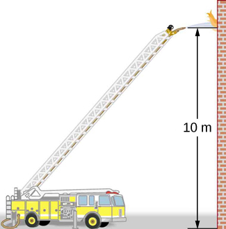 Figure is a drawing of the fire truck with the extended ladder. Fireman on the top of the ladder uses hose to extinguish the fire. The flow of water from the hose is parallel to the ground and is 10 meters above it.