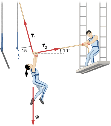 A circus performer hanging from a trapeze is being pulled to the right by another performer using a rope. Her weight is shown by a vector w acting vertically downward. The trapeze rope exerts a tension, T sub one, up and to the left, making an angle of fifteen degrees with the vertical. The second performer pulls with tension T sub two, making an angle of ten degrees above the positive x direction.