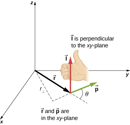 An x y z coordinate system is shown in which x points out of the page, y points to the right and z points up. The vector r points from the origin to a point in the x y plane, in the first quadrant. The vector points from the tip of the r vector, at an angle of theta counterclockwise from the r vector direction, as viewed from above. Both r and p vectors are in the x y plane. The vector l points up, and is perpendicular to the x y plane, consistent with the right hand rule. When the right hand has its fingers curling counterclockwise as viewed from above, the thumb points up, in the direction of l. We are also shown the components of the vector r parallel and perpendicular to the p vector. The vector r sub perpendicular is the projection of the r vector perpendicular to the p vector direction.