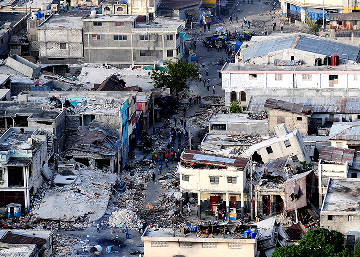 Property damaged by an earthquake. Many buildings have collapsed.