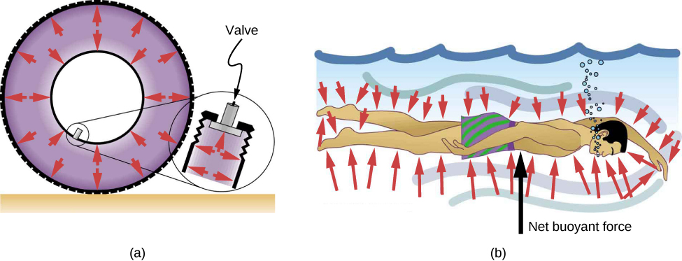 Figure A is a schematic drawing of a tire filled with air. Pressure inside this tire exerts forces perpendicular to all surfaces it contacts, including the valve. Figure B is a schematic drawing of a swimmer under the water. Pressure is exerted perpendicular to all sides of this swimmer with a larger net buoyant force underneath the swimmer.