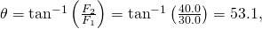 \theta ={\text{tan}}^{-1}\left(\frac{{F}_{2}}{{F}_{1}}\right)={\text{tan}}^{-1}\left(\frac{40.0}{30.0}\right)=53.1\text{°},
