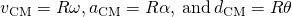 {v}_{\text{CM}}=R\omega ,{a}_{\text{CM}}=R\alpha ,\phantom{\rule{0.2em}{0ex}}\text{and}\phantom{\rule{0.2em}{0ex}}{d}_{\text{CM}}=R\theta 