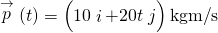 \stackrel{\to }{p}\left(t\right)=\left(10\stackrel{^}{i}+20t\stackrel{^}{j}\right)\text{kg}·\text{m}\text{/}\text{s}