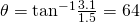 \theta ={\text{tan}}^{-1}\frac{3.1}{1.5}=64\text{°}