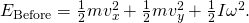 {E}_{\text{Before}}=\frac{1}{2}m{v}_{x}^{2}+\frac{1}{2}m{v}_{y}^{2}+\frac{1}{2}I{\omega }^{2}.