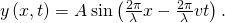 y\left(x,t\right)=A\phantom{\rule{0.2em}{0ex}}\text{sin}\left(\frac{2\pi }{\lambda }x-\frac{2\pi }{\lambda }vt\right).