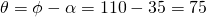 \theta =\phi -\alpha =110\text{°}-35\text{°}=75\text{°}