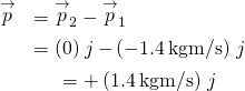 \begin{array}{cc}\hfill \text{Δ}\stackrel{\to }{p}& ={\stackrel{\to }{p}}_{2}-{\stackrel{\to }{p}}_{1}\hfill \\ & =\left(0\right)\stackrel{^}{j}-\left(-1.4\phantom{\rule{0.2em}{0ex}}\text{kg}·\text{m/s}\right)\stackrel{^}{j}\hfill \\ & =+\left(1.4\phantom{\rule{0.2em}{0ex}}\text{kg}·\text{m/s}\right)\stackrel{^}{j}\hfill \end{array}