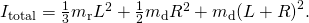 {I}_{\text{total}}=\frac{1}{3}{m}_{\text{r}}{L}^{2}+\frac{1}{2}{m}_{\text{d}}{R}^{2}+{m}_{\text{d}}{\left(L+R\right)}^{2}.