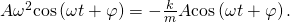 \text{−}A{\omega }^{2}\text{cos}\left(\omega t+\varphi \right)=-\frac{k}{m}A\text{cos}\left(\omega t+\varphi \right).