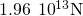 1.96\phantom{\rule{0.2em}{0ex}}×\phantom{\rule{0.2em}{0ex}}{10}^{13}\text{N}