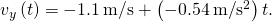 {v}_{y}\left(t\right)=-1.1\phantom{\rule{0.2em}{0ex}}\text{m/s}+\left(-0.54\phantom{\rule{0.2em}{0ex}}\text{m/}{\text{s}}^{2}\right)t.