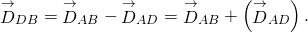 {\stackrel{\to }{D}}_{DB}={\stackrel{\to }{D}}_{AB}-{\stackrel{\to }{D}}_{AD}={\stackrel{\to }{D}}_{AB}+\left(\text{−}{\stackrel{\to }{D}}_{AD}\right).