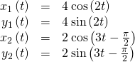 \begin{array}{ccc}\hfill {x}_{1}\left(t\right)& =\hfill & 4\phantom{\rule{0.2em}{0ex}}\text{cos}\left(2t\right)\hfill \\ \hfill {y}_{1}\left(t\right)& =\hfill & 4\phantom{\rule{0.2em}{0ex}}\text{sin}\left(2t\right)\hfill \\ \hfill {x}_{2}\left(t\right)& =\hfill & 2\phantom{\rule{0.2em}{0ex}}\text{cos}\left(3t-\frac{\pi }{2}\right)\hfill \\ \hfill {y}_{2}\left(t\right)& =\hfill & 2\phantom{\rule{0.2em}{0ex}}\text{sin}\left(3t-\frac{\pi }{2}\right)\hfill \end{array}