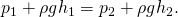 {p}_{1}+\rho g{h}_{1}={p}_{2}+\rho g{h}_{2}.