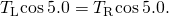 {T}_{\text{L}}\text{cos}\phantom{\rule{0.2em}{0ex}}5.0\text{°}={T}_{\text{R}}\text{cos}\phantom{\rule{0.2em}{0ex}}5.0\text{°}.