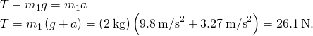 \begin{array}{c}T-{m}_{1}g={m}_{1}a\hfill \\ T={m}_{1}\left(g+a\right)=\left(2\phantom{\rule{0.2em}{0ex}}\text{kg}\right)\left(9.8\phantom{\rule{0.2em}{0ex}}{\text{m/s}}^{2}+3.27\phantom{\rule{0.2em}{0ex}}{\text{m/s}}^{2}\right)=26.1\phantom{\rule{0.2em}{0ex}}\text{N}\text{.}\hfill \end{array}