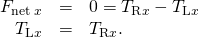 \begin{array}{ccc}\hfill {F}_{\text{net}\phantom{\rule{0.2em}{0ex}}x}& =\hfill & 0={T}_{\text{R}x}-{T}_{\text{L}x}\hfill \\ \hfill {T}_{\text{L}x}& =\hfill & {T}_{\text{R}x}.\hfill \end{array}