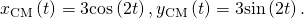 {x}_{\text{CM}}\left(t\right)=3\text{cos}\left(2t\right),{y}_{\text{CM}}\left(t\right)=3\text{sin}\left(2t\right).