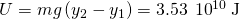 \text{Δ}U=mg\left({y}_{2}-{y}_{1}\right)=3.53\phantom{\rule{0.2em}{0ex}}×\phantom{\rule{0.2em}{0ex}}{10}^{10}\phantom{\rule{0.2em}{0ex}}\text{J}