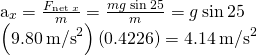 \begin{array}{}\\ \\ \\ {a}_{x}=\frac{{F}_{\text{net}\phantom{\rule{0.2em}{0ex}}x}}{m}=\frac{mg\phantom{\rule{0.2em}{0ex}}\text{sin}\phantom{\rule{0.2em}{0ex}}25\text{°}}{m}=g\phantom{\rule{0.2em}{0ex}}\text{sin}\phantom{\rule{0.2em}{0ex}}25\text{°}\hfill \\ \left(9.80\phantom{\rule{0.2em}{0ex}}{\text{m/s}}^{2}\right)\left(0.4226\right)=4.14\phantom{\rule{0.2em}{0ex}}{\text{m/s}}^{2}\hfill \end{array}