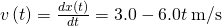 v\left(t\right)=\frac{dx\left(t\right)}{dt}=3.0-6.0t\phantom{\rule{0.2em}{0ex}}\text{m/s}