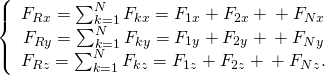 \left\{\begin{array}{c}{F}_{Rx}=\sum _{k=1}^{N}{F}_{kx}={F}_{1x}+{F}_{2x}+\text{…}+{F}_{Nx}\\ {F}_{Ry}=\sum _{k=1}^{N}{F}_{ky}={F}_{1y}+{F}_{2y}+\text{…}+{F}_{Ny}\\ {F}_{Rz}=\sum _{k=1}^{N}{F}_{kz}={F}_{1z}+{F}_{2z}+\text{…}+{F}_{Nz}.\end{array}