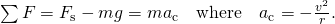 \sum F={F}_{\text{s}}-mg=m{a}_{\text{c}}\phantom{\rule{1em}{0ex}}\text{where}\phantom{\rule{1em}{0ex}}{a}_{\text{c}}=-\frac{{v}^{2}}{r}.