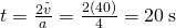 t=\frac{2\stackrel{\text{-}}{v}}{a}=\frac{2\left(40\right)}{4}=20\phantom{\rule{0.2em}{0ex}}\text{s}